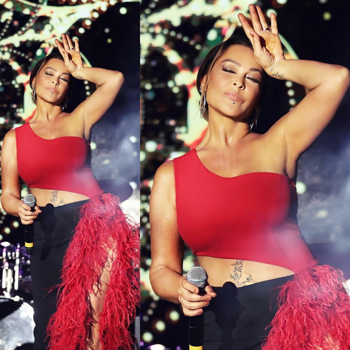 Hülya Avşar derin yırtmaçlı ve tüylü sahne kostümüyle tüm dikkatleri üzerine topladı